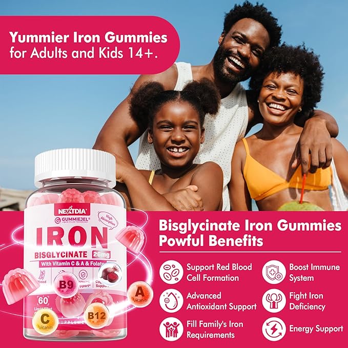 Vegan Iron + Beet Root Gummies, Iron Supplement for Women 26mg, w/Vitamin C Folate B12 Zinc, for Iron Deficiency, Energy Boost, Non-Constipating, No After Taste & Strawberry Flavor, Sugar-Free 60Cts