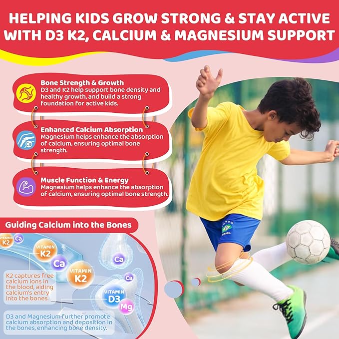 Kids Vitamin D3 K2 Filled Gummies 1000IU/2000IU D3 + K2(MK-7) with Calcium, Magnesium & Algal Omega 3(EPA/DHA) for Bones, Teeth, Muscles, Brain, Kids 4+ Vitamins (Low Dose Perfect For Adults), 60 Cts