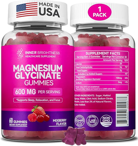 Magnesium Glycinate Gummies 600mg, Non-GMO, Gluten-Free, Magnesium Gummies for Adults & Kids, Sleep, Relaxation & Focus, Mixed Berry Flavor, 60 Count