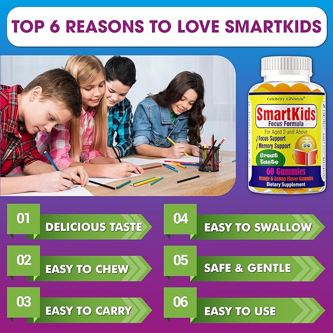 Smartkids Brain Booster Focus Gummies for Kids & Teens, Omega 3 DHA Gummy Vitamins, Nootropics Brain Support Supplement, Memory Supplement for Brain (1 Bottle) 60 Gummies