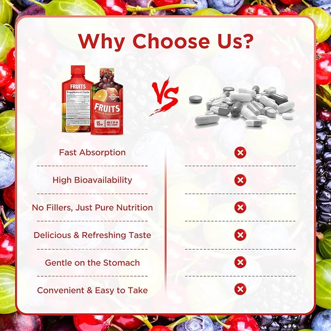 Super Fruit Liquid Juice - 30 Pouches Superfoods Fruits Supplement for Women, Men and Kids - Support Energy, Immunity, Digestion & Metabolism - Vegan, 30 Day Supply