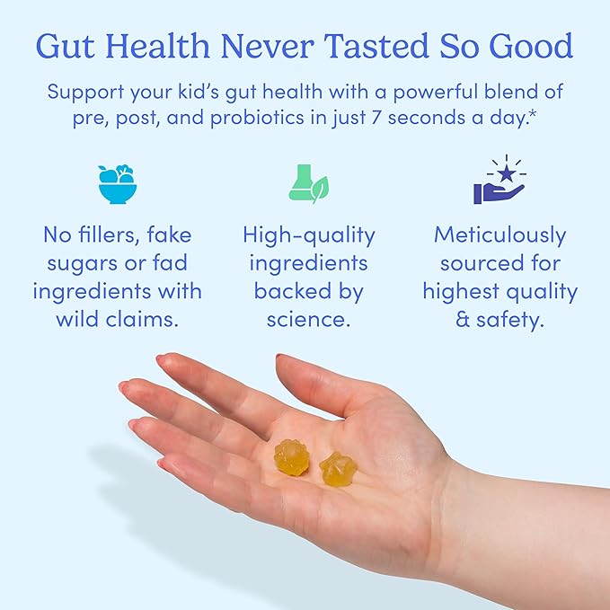 FIRST DAY Kids 3-in-1 Probiotic Gummies – Prebiotic + Probiotic + Postbiotic Supplement – Supports Digestive & Oral Health, Immune Function & Energy Levels – 30-Day Supply