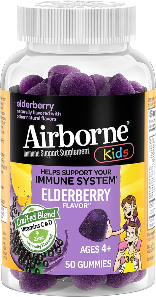 Airborne Kids Elderberry + Zinc & Vitamin C Gummies, Kids Immune Support with Powerful Antioxidants VIT D & E - 50 Gummies, Elderberry Flavor