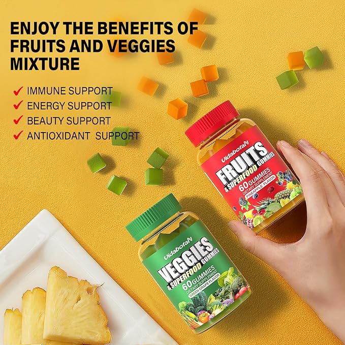 Super Fruits and Veggies Supplement - Super Fruits and Vegetables Gummies for Women,Men and Kids, Sugar Free Vegan Gummies for Nature Energy Balance, 60 Count(Pack of 2)