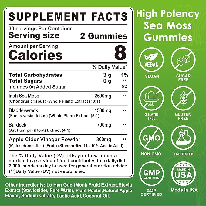 Sea Moss Gummies - Irish Sea Moss Gummies for Adults & Kids - Advanced Superfood Seamoss Supplement with Organic Bladderwrack & Burdock Root Extract，ACV for Daily Immune, Gut Cleanse, Vegan, 60 Counts