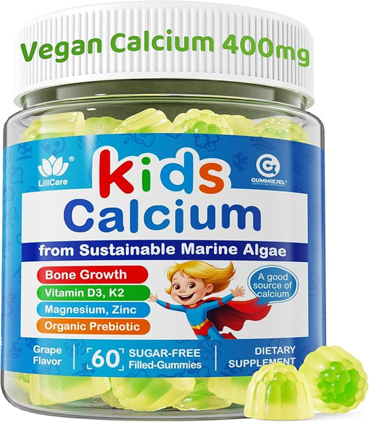 Sugar Free Kids Calcium Gummies (Made in USA) with Vitamin D3 K2, Magnesium, Zinc, Prebiotics, High Absorption Algae Calcium for Better Bone Growth & Development, Kids Vitamins Gummies, Vegan, 60 Cts