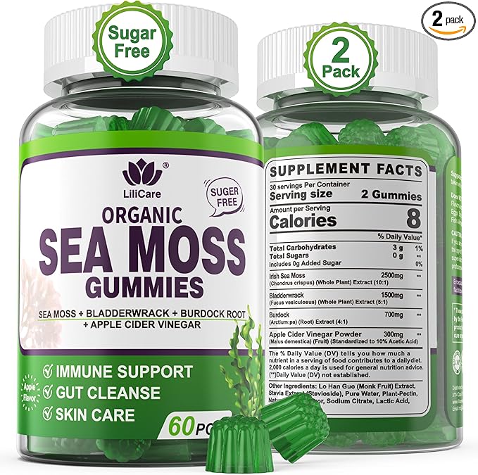 Sea Moss Gummies - Irish Sea Moss Gummies for Adults & Kids - Advanced Superfood Seamoss Supplement with Organic Bladderwrack & Burdock Root Extract，ACV for Daily Immune, Gut Cleanse, Vegan, 2 Pack