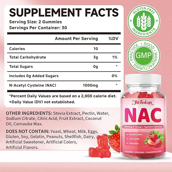 NAC Gummies for Adults & Kids 1000mg, NAC Supplement N-Acetyl Cysteine, Immune Support Liver & Lung Health Antioxidant Sugar-Free, Strawberry Flavor Gummy, 60 Counts