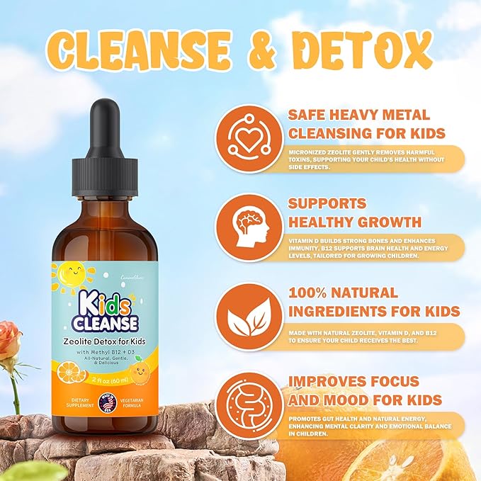 Kids Cleanse, Zeolite Detox Drops for Kids, Heavy Metal Detox & Gut Health Support with Methyl B12 + D3, Energy & Behavioral Development, Easy-Take Premium Liquid (2 oz)