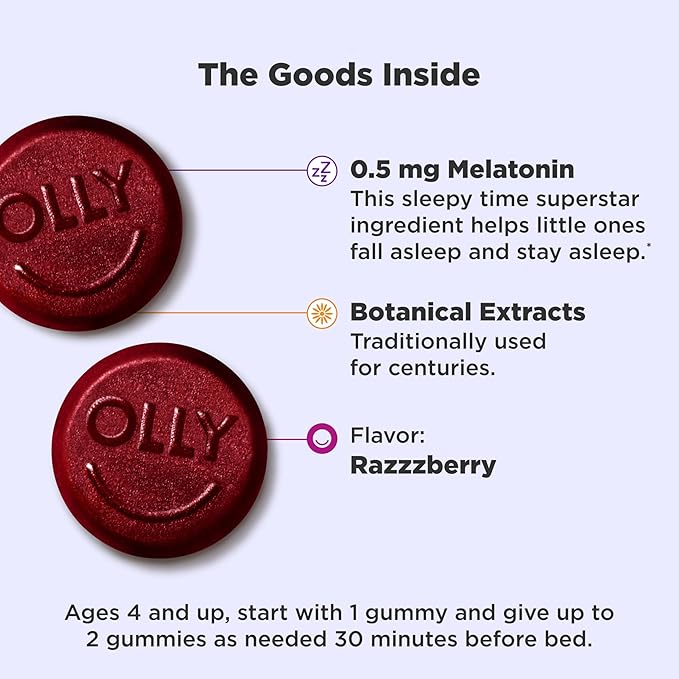 OLLY Kids Sleep Gummy, 0.5mg Melatonin, L Theanine, Chamomile, and Lemon Balm, Childrens Chewable Supplement, Raspberry - 50 Count