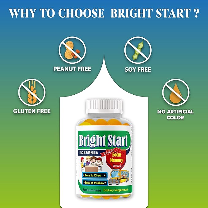 BrightStart Brain Focus Vitamins for Kids & Teens, Attentive Child Supplement Omega 3 for Kids, Focus Booster Nootropic Supplement Support Attention, Concentration, Cognitive Health 60 Gummy Vitamins