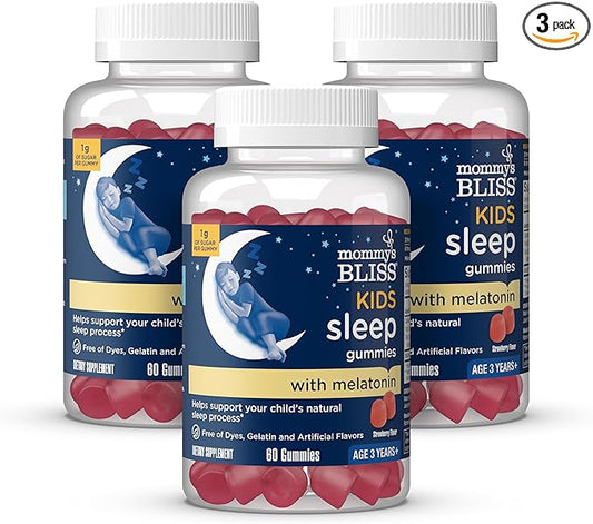 Mommy's Bliss Kids Sleep Gummies with Melatonin, Support Your Natural Sleep Process, Age 3 Years to Adults, Strawberry Flavor, 1G of Sugar, 60 Gummies (Pack of 3)