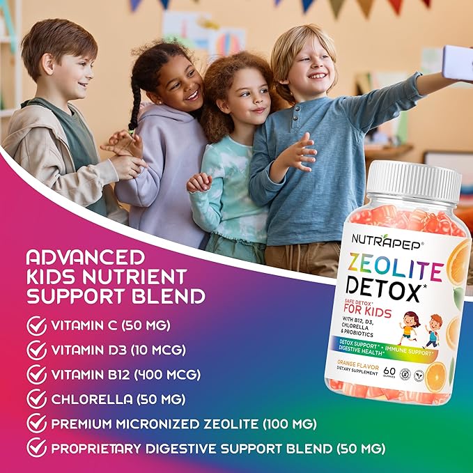 Zeolite Detox Gummies for Kids - Total Body Cleanse Micronized Chewables Supplement with Chlorella - Cleanse Out Toxins - Orange Flavor Vegan Non-GMO Gluten-Free