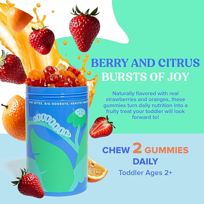 FIRST DAY Toddler Multivitamins Gummies for Kids & Toddlers Ages 2-3, Delicious Strawberry & Orange Toddler Vitamins Multivitamin with Choline, Vitamins A C D3 B1 B2 B6 B12 K2 Folate - 30 Day Supply