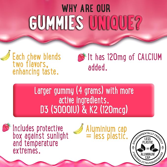 Center-Filled Vitamin D3 K2 Gummies - Kids, Teens & Adults - Supplement for Healthy Teeth, Bone, Energy & Immunity - 5000 IU D3, 120 mcg K2(MK-7), 120 mg Calcium - Vegan & Non-GMO - 120 Count