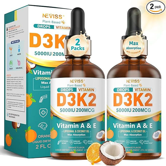 Vitamin D3 Drops for Adults & Kids, Liposomal Vitamin D3 K2 MK-7 w/ Vitamin A & E - High Absorption Liquid K2 D3 Vitamin Supplement for - Calcium Absorption, Strong Bones, Teeth & Immune Health 2 Pack