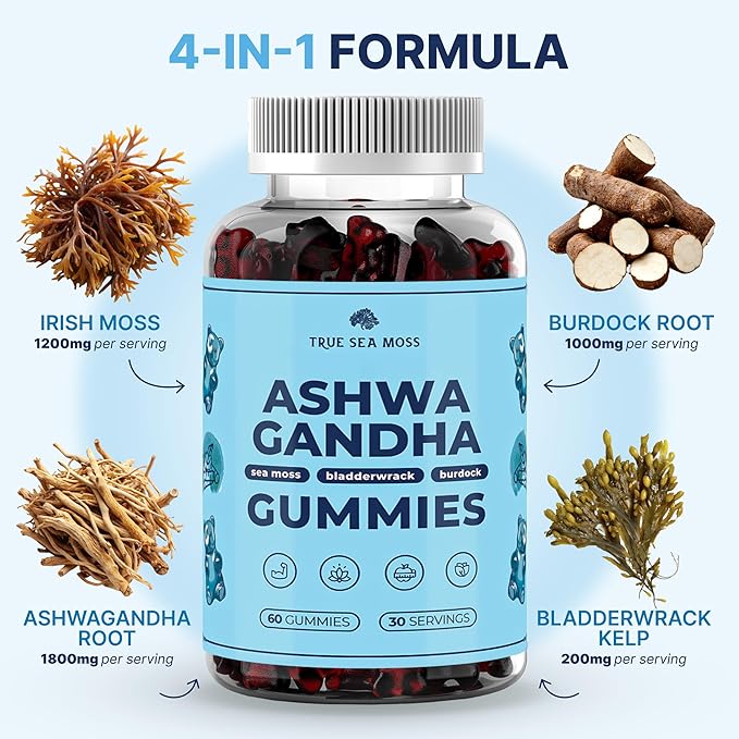 Sea Moss Gummies with Ashwagandha, Burdock Root & Bladderwrack – Vegan, Non-GMO Seamoss Supplement for Men, Women & Kids – 1200mg Irish Moss, Low Sugar, USA Made, 60 Gummies