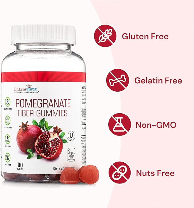 Pomegranate Fiber Gummies for Adults & Kids 100mg - Gluten Free Vegan Pomegranate Supplement Rich in Dietary Fiber Chewables Gummies- 90 Count