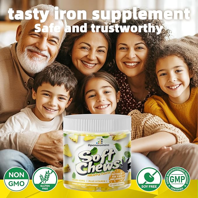 Iron Supplement Chews with Vitamin C for Women Men and Kids, Natural Vegan Iron Soft Chew with Vitamin B6,B12,D, Calcium & Zinc - Energy Support, 60 Pineapple SoftChews,2 Month Supply