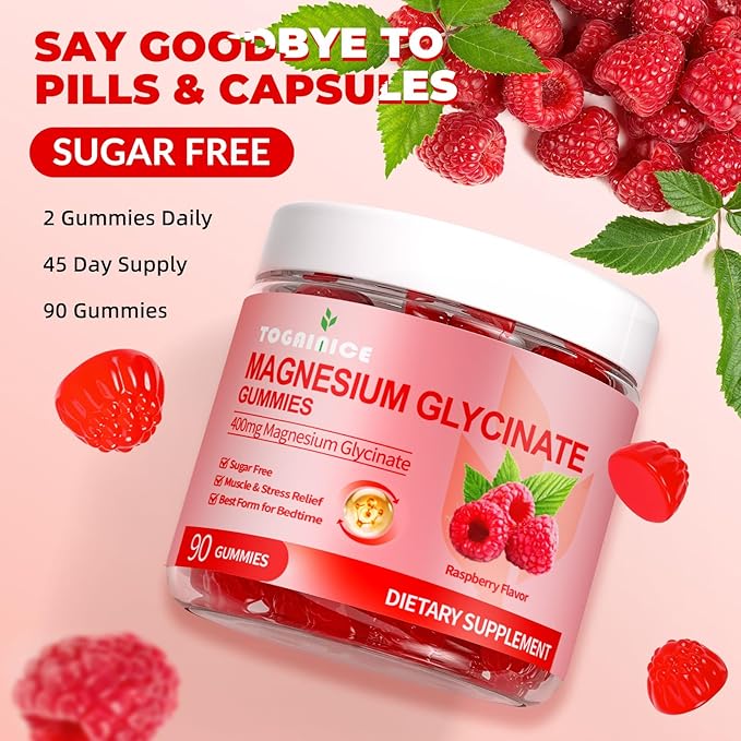 Magnesium Glycinate Gummies 400mg for Adult & Kids，90 Ct Sugar Free Magnesium Gummies with Potassium Magnesium Supplement for Women & Men，Sleep Msucle & Engergy Support，Raspberry Flavor
