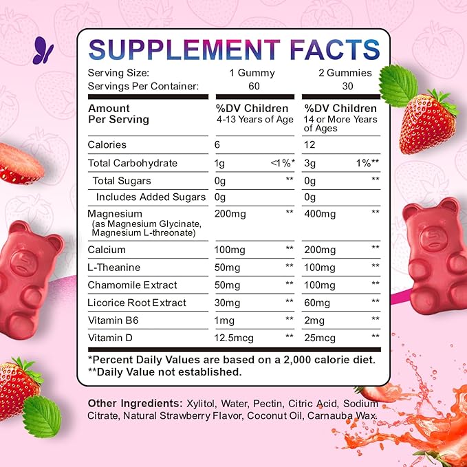 2 Pack Magnesium Gummies for Kids - Magnesium Glycinate, L-Threonate Gummies with L-Theanine, Chamomile, Licorice, Vitamin B6, D for Kids & Adults Sleep, Muscle Relief & Nerve Bone - Strawberry 120ct
