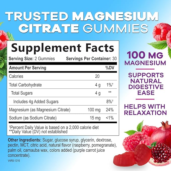 Magnesium Gummies Supplement - High Absorption Magnesium Citrate Supplement for Adults & Kids - Nature's Calm Magnesio Gummy Dietary Supplements for Bone, Muscle Health, Heart Support - 60 Gummies