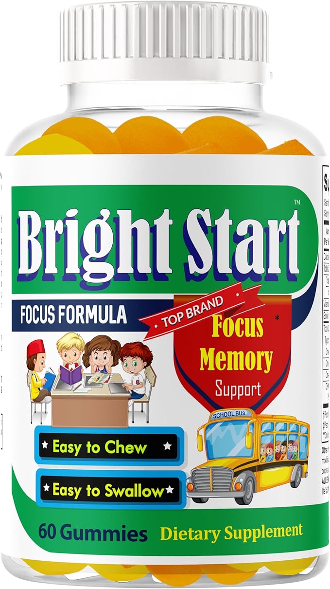 BrightStart Brain Focus Vitamins for Kids & Teens, Attentive Child Supplement Omega 3 for Kids, Focus Booster Nootropic Supplement Support Attention, Concentration, Cognitive Health 60 Gummy Vitamins