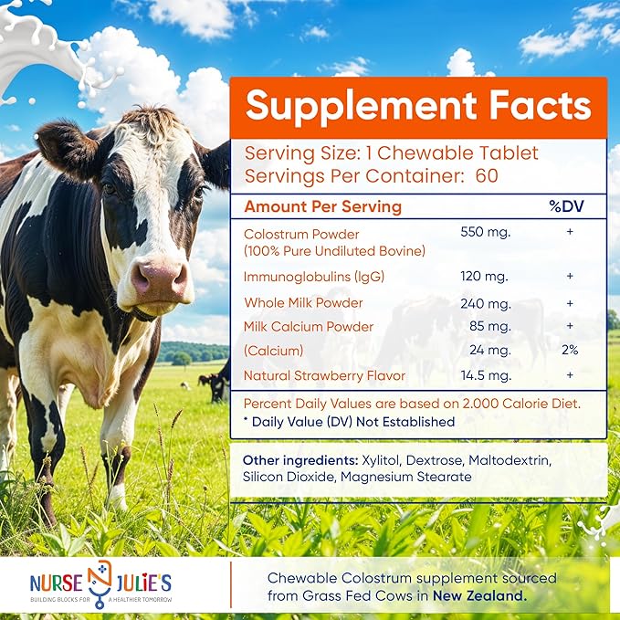 Nurse Julie's Chewable Colostrum Tablets for Kids - 100% Grassfed New Zealand Colostrum - Immune Support, Gut Health in Children - 60 Tablets - 2 Month Supply