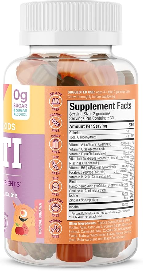 SUKU The Complete Kids Multivitamin Gummies – Vitamins A, C, D, E, B6, B12, Folate & Zinc – Immune Support, Sugar-Free, Gluten-Free, Non-GMO, Tropical Bonanza Flavor – 60 Count