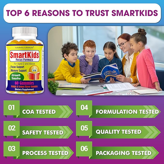 Smartkids Brain Booster Focus Gummies for Kids & Teens, Omega 3 DHA Gummy Vitamins, Nootropics Brain Support Supplement, Memory Supplement for Brain (1 Bottle) 60 Gummies