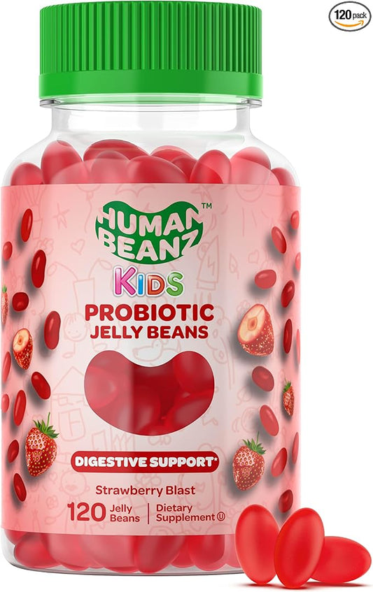 Probiotic Jelly Bean Gummies for Kids, Probiotic Supplements for Digestive Health, Nutritional Vegetarian Supplements, 120 Strawberry Blast Jelly Beans, Kosher