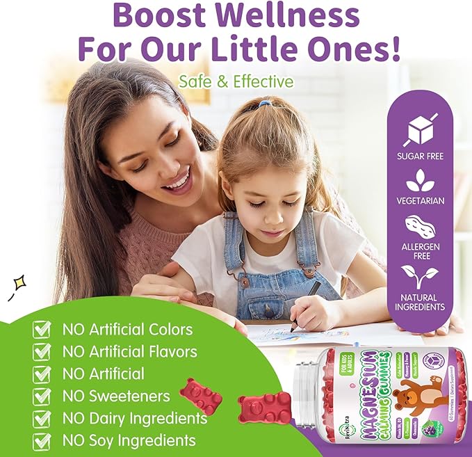 Magnesium Gummies for Kids - Magnesium Glycinate Gummies Supplement with L-Theanine, Vitamin B6, D3 for Kids & Adults - Support Calm, Sleep, Relaxation, Brain, Bones, Sugar Free Grape 60ct