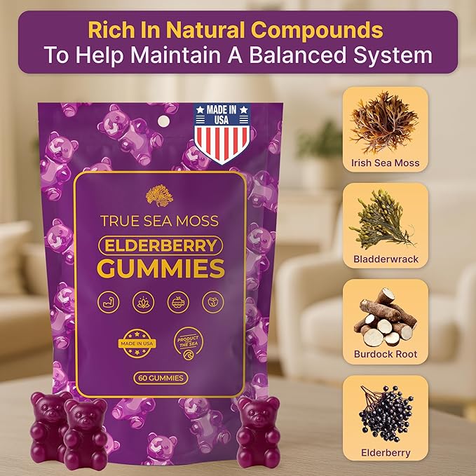 Sea Moss Elderberry Gummies for Adults & Kids - Magnesium, Burdock Root & Bladderwrack – Supports Immune, Boost Energy, Skin & Hair Health, Detox – Made in USA - 60 Vegan Gummies