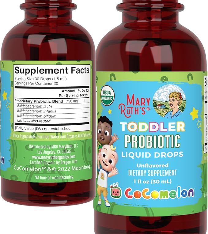 MaryRuth Organics Cocomelon Toddler Probiotic Liquid Drops | Kids Probiotics for Ages 1-3 | 5 Probiotic Strains | 150 Billion CFU Per Serving | USDA Organic | Sugar Free | Gluten Free | 1 Fl Oz