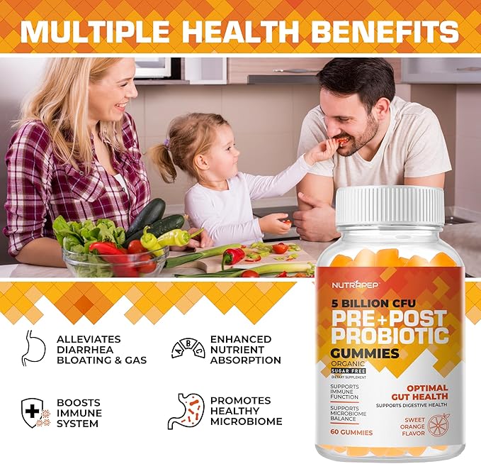 Prebiotic Probiotic & Postbiotic Gummies for Women Men & Kids Children - High Potency 5 Billion CFU - Sugar-Free & Gluten Free