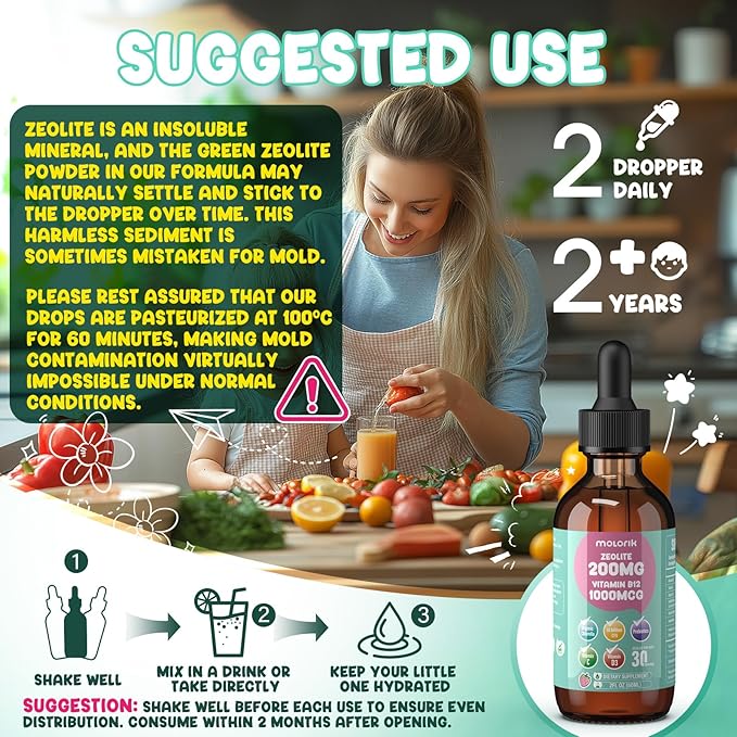 Zeolite Drops for Kids and Adults, 200mg Zeolite Liquid Drops with 1000mcg Vitamin B12, Organic Chlorella, 10 billion CFU & Prebiotics for Gut Support & Speech, Immune, Bone, Energy*, Strawberry, 60ML