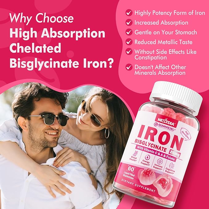 Vegan Iron + Beet Root Gummies, Iron Supplement for Women 26mg, w/Vitamin C Folate B12 Zinc, for Iron Deficiency, Energy Boost, Non-Constipating, No After Taste & Strawberry Flavor, Sugar-Free 60Cts