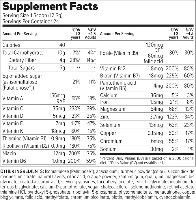 Vitamini Splash - Kids multivitamin Powder - Nutritional Support - 13 Active Vitamins & 6 Chelated Minerals, Prebiotic Fiber - Orange Flavor - (10.4 oz) - Vegan