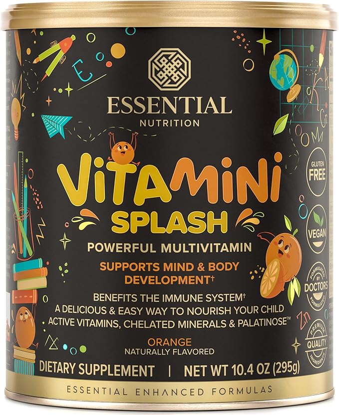 Vitamini Splash - Kids multivitamin Powder - Nutritional Support - 13 Active Vitamins & 6 Chelated Minerals, Prebiotic Fiber - Orange Flavor - (10.4 oz) - Vegan