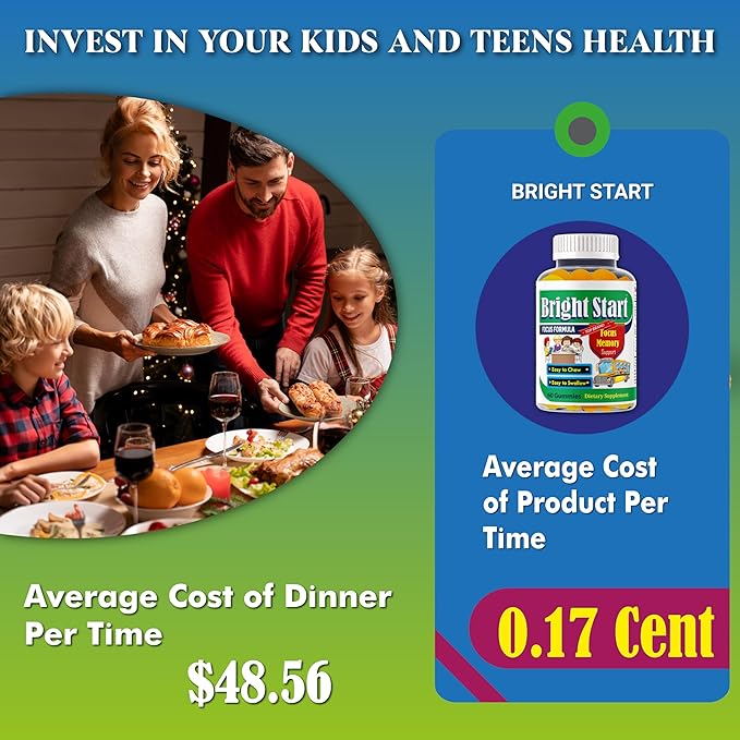 BrightStart Brain Focus Vitamins for Kids & Teens, Attentive Child Supplement Omega 3 for Kids, Focus Booster Nootropic Supplement Support Attention, Concentration, Cognitive Health 60 Gummy Vitamins