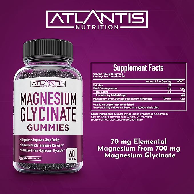 Atlantis Nutrition Magnesium Glycinate Gummies 700mg – Vegan Magnesium Glycinate for Kids & Adults – Muscle Support & Enhanced Sleep - Delicious Grape Flavor - for Whole Family - 60 Count