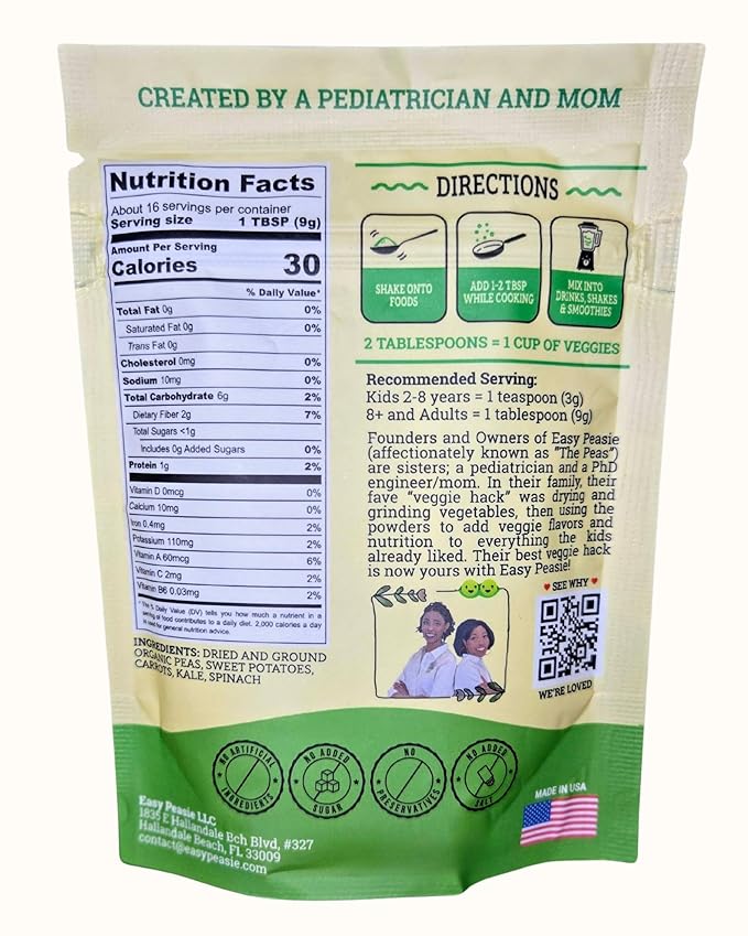 Easy Peasie Organic Veggie Powder Blends for Kids and Picky Eaters | Kids Greens Powder/Vegetable Powders including protein from green peas, spinach, and kale (Green 5oz Pouch)