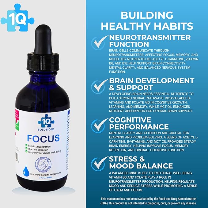 Focus Kids Enhances Clarity Liquid Drops | Acetyl L-Carnitine, Vitamin B1,B6,B12 & Folate | Sugar-Free, Vegan, Gluten-Free, Non-GMO | Cognitive & Attention Support | Advance Absorption | 2 Fl Oz