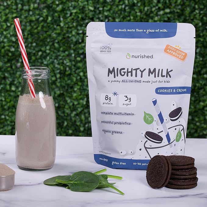 Cookies & Cream Mighty Milk - Kids All-in-One Daily Protein Powder & Multivitamin with Probiotics & Organic Spinach - Natural Flavors, Colors & Sweeteners - 15-30 Servings