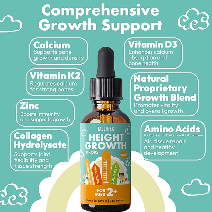 Height Growth Supplement Drops for Kids - Teens Bone Growth Height Increase and Maximizer Immune Health Drops with Vitamins D3 K2 Zinc & Calcium - Gluten Free Vegan Pineapple Flavor