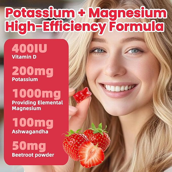 Potassium Magnesium Gummies,High Absorption Magnesium Glycinate,B6,D3,Potassium Citrate for Leg Cramps,Muscle,Electroyte for Adults Kids,Sugar-Free, 60 Gummies (Strawberry Flavor)