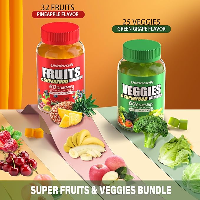 Super Fruits and Veggies Supplement - Super Fruits and Vegetables Gummies for Women,Men and Kids, Sugar Free Vegan Gummies for Nature Energy Balance, 60 Count(Pack of 2)