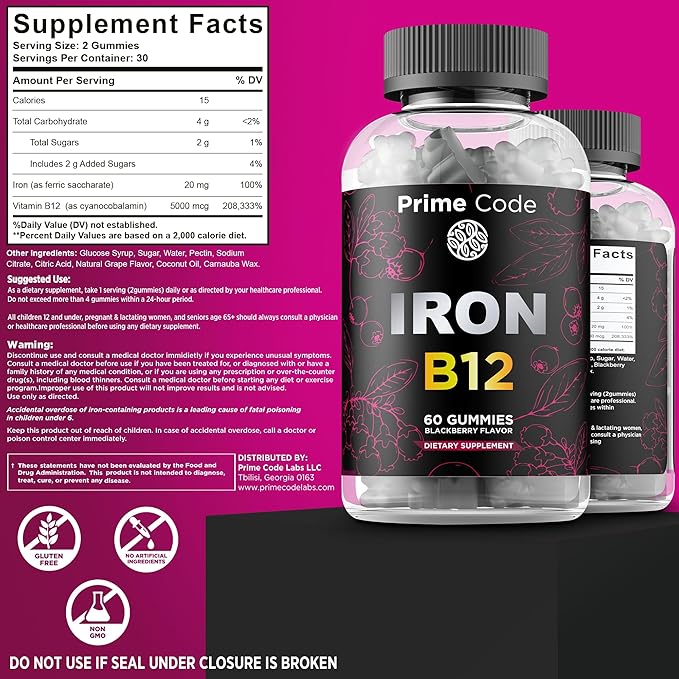 Vitamin B12 Gummies for Women & Men, 20mg Iron Supplement for Adults, Free Blood Builder for Anemia, Vitamin B12 Gummies with Iron & Natural Blackberry Flavor, Vegan, Non-GMO, 30 Day Supply