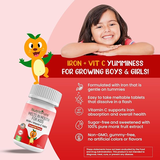 Kids Chewable Iron Supplement, Ferronyl® Carbonyl Iron 9 mg, Vitamin C 30 mg, Tangerine Tango Orange Flavor, 90 Count