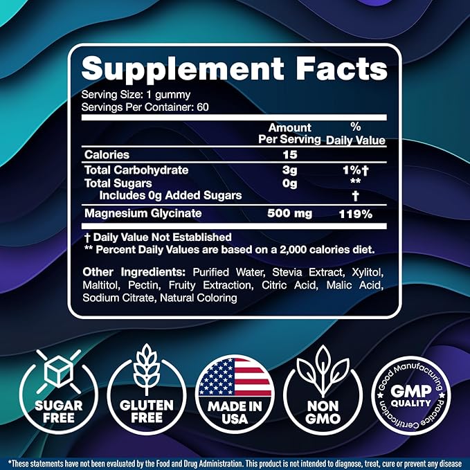 Magnesium Glycinate Gummies for Adults 500mg - Chewable Magnesium Glycinate for Kids Sleep, Glicinato De Magnesio para Mujeres, 60 Count